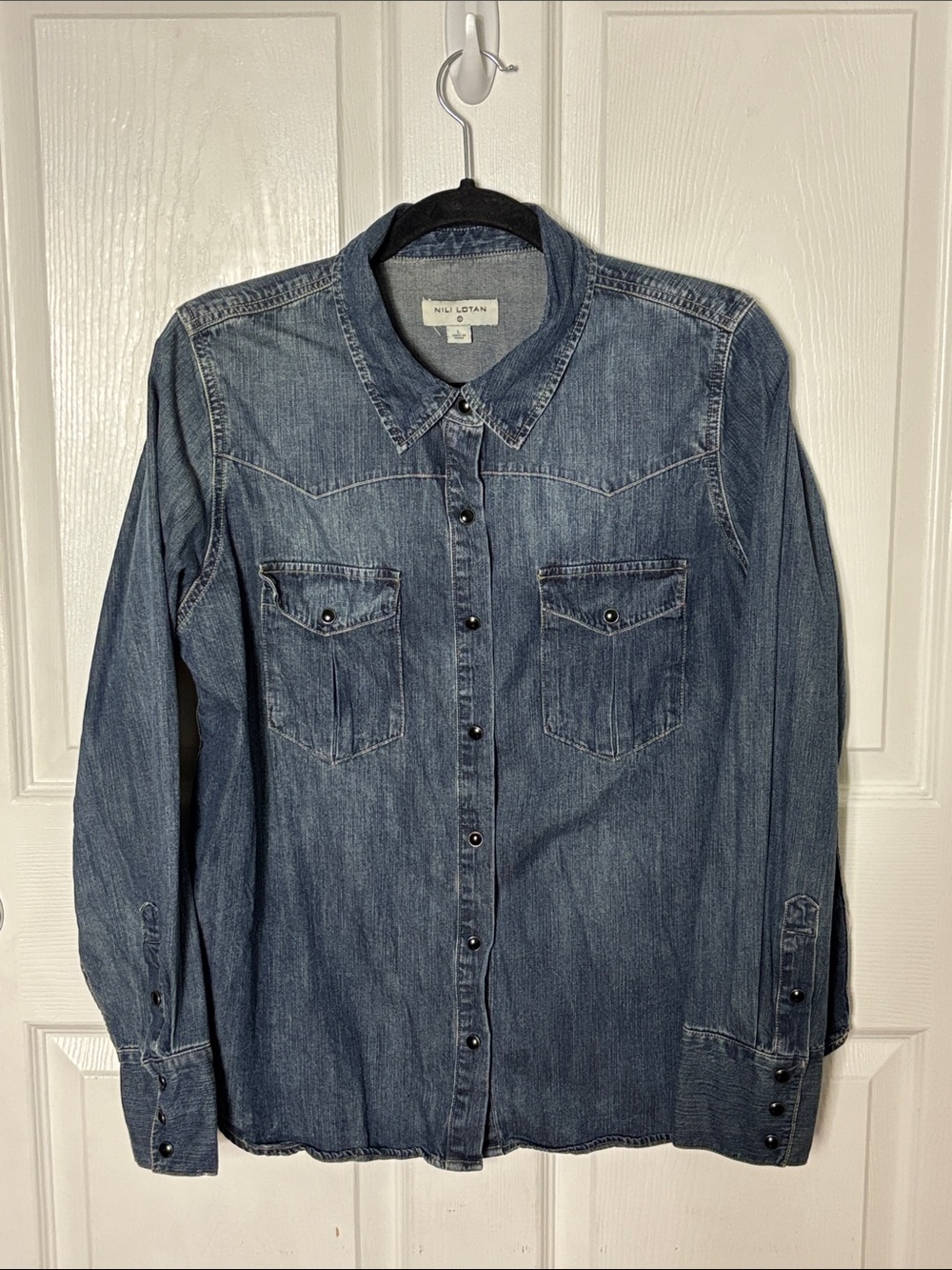 Nili Lotan x Target denim cotton western shirt black snap button down size Large